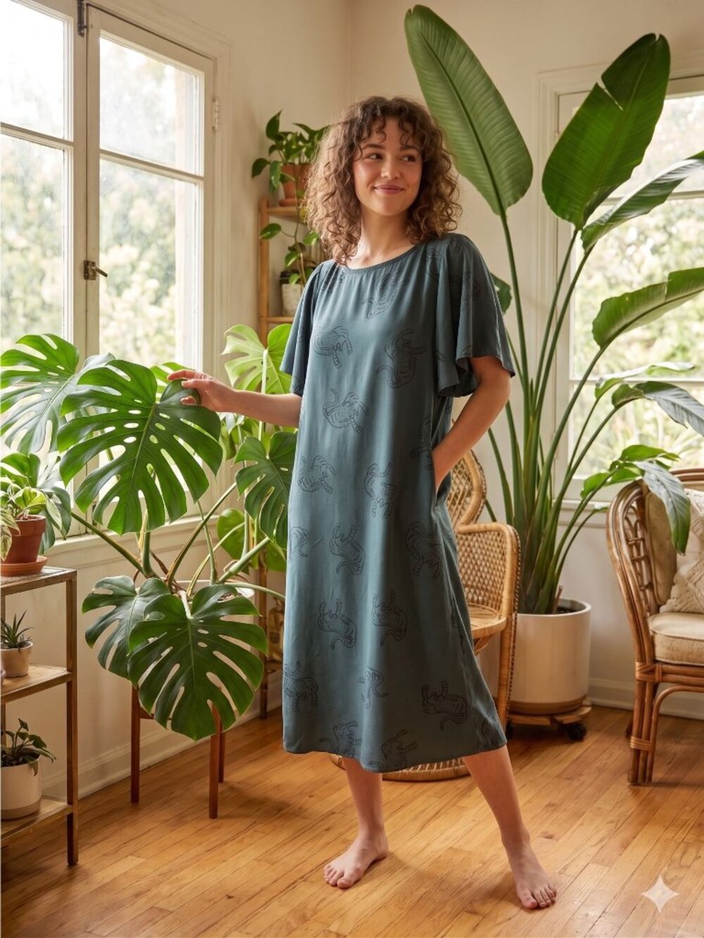 Pamut Dress L Tiger Print Teal Tencel Lyocell Flutter Sleeve Made in USA Large